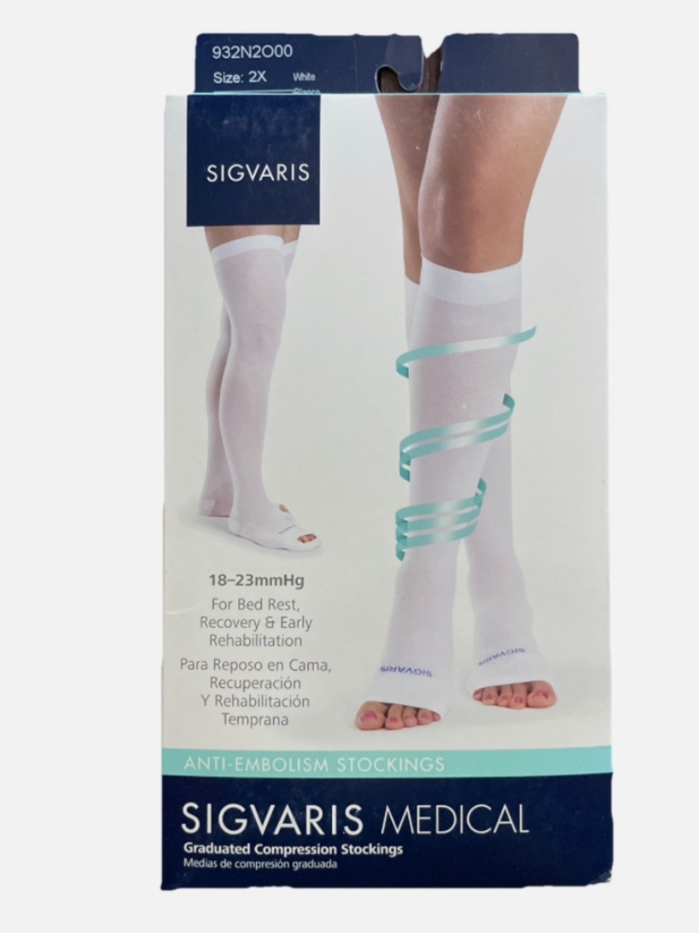 NEW - SIZE 2X SIGVARIS 932N 18-23mmHg ANTI-EMBOLISM STOCKING Knee white OPEN TOE